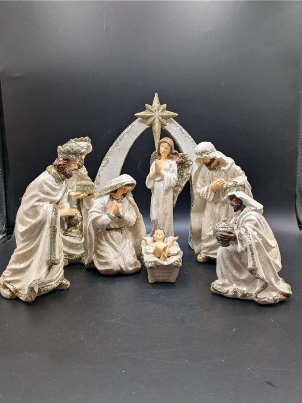 Glistening Nativity 9 Pc Set Holy Family Angel Wise Men White with Sparkles